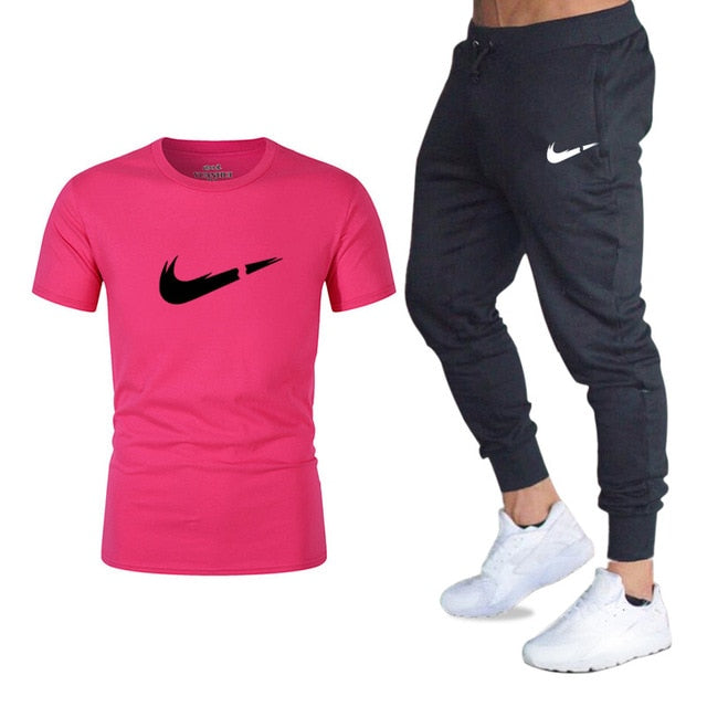 Men's Sets T Shirts+pants Two Pieces Sets Casual Tracksuit Men/Women New Fashion printing suits sportwear Gyms Fitness trousers