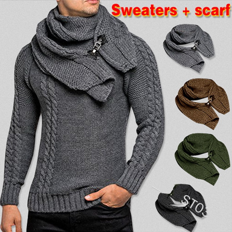 SWEATER+Gift Scarf Autumn Winter 2019 Men Long Sleeves Pullovers