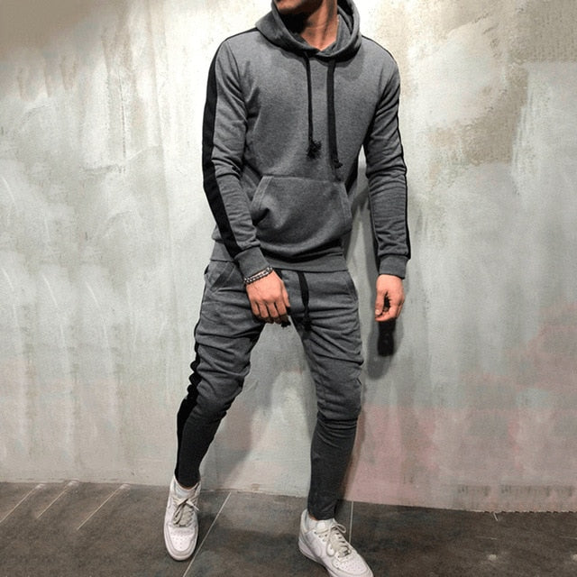 2 Pieces Sets Tracksuit Men New Brand Autumn Winter Hooded Sweatshirt +Drawstring Pants Male Stripe Patchwork Hoodies Bigsweety